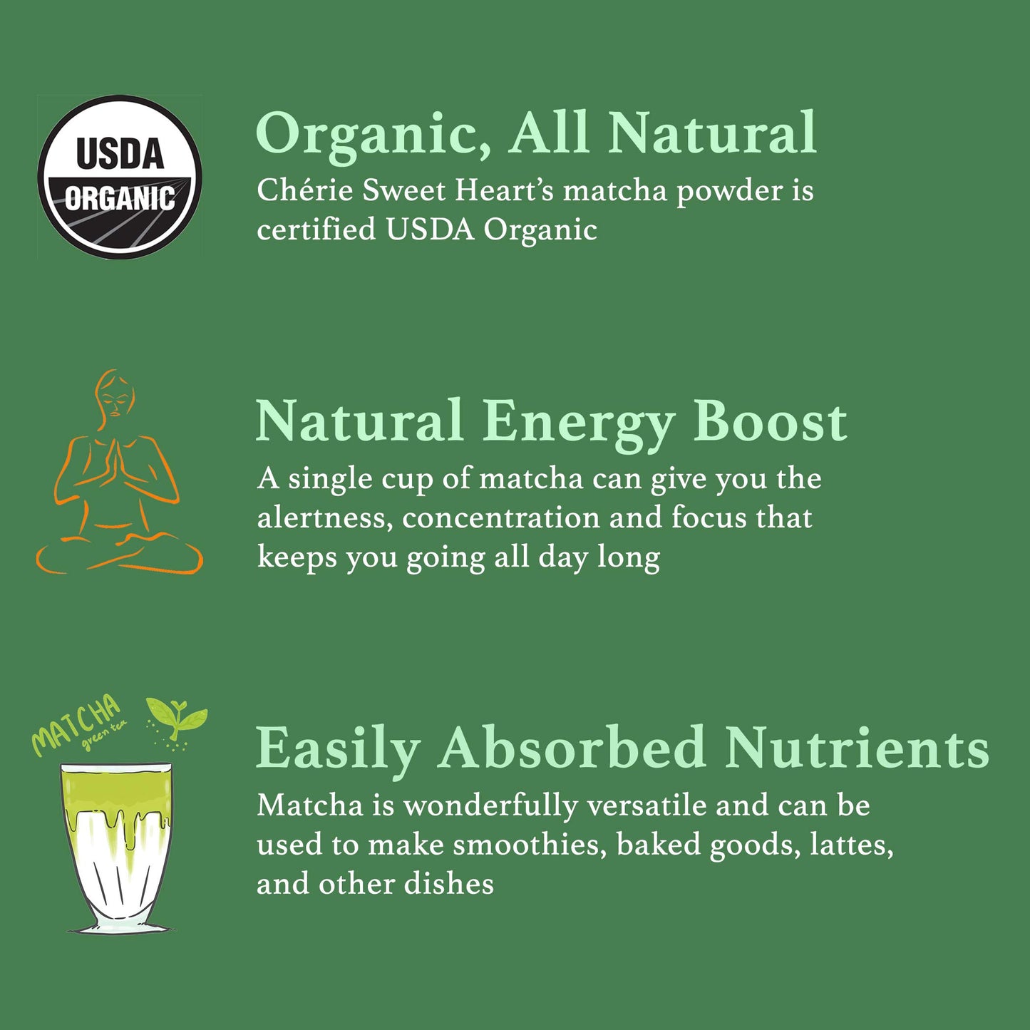 Chérie Sweet Heart Organic Matcha Powder - Antioxidant-Rich Green Tea for Cooking, Baking, Smoothies - 4oz Vegan, Gluten-Free