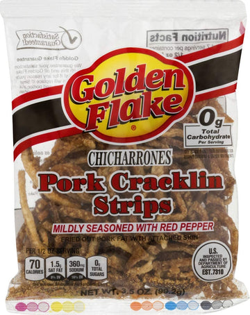 Golden Flake Fried Pork Cracklin Strips Mildly Seasoned With Red Pepper- 3.25 Oz. Bags (3 Bags)