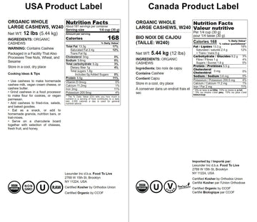 Food To Live Organic Cashews, 12 Pounds - Whole, Size W-240, Unsalted, Non-Gmo, Kosher, Raw, Vegan, Bulk