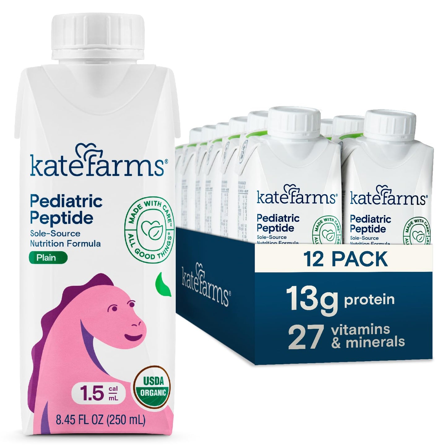 Kate Farms Organic Pediatric Peptide 1.5 Formula, Plain, Sole-Source Hydrolyzed Plant-Based Nutrition For Oral Or Tube Feeding, 8.45 Oz (12 Pack)