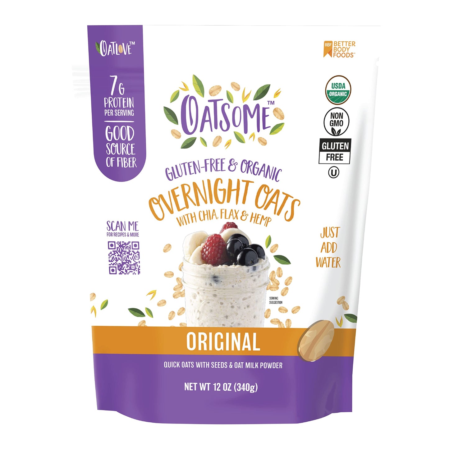 Oatsome Organic Overnight Oats With Chia, Flax, & Hemp, Gluten-Free Oatmeal With 7G Of Protein, 12Oz Bag