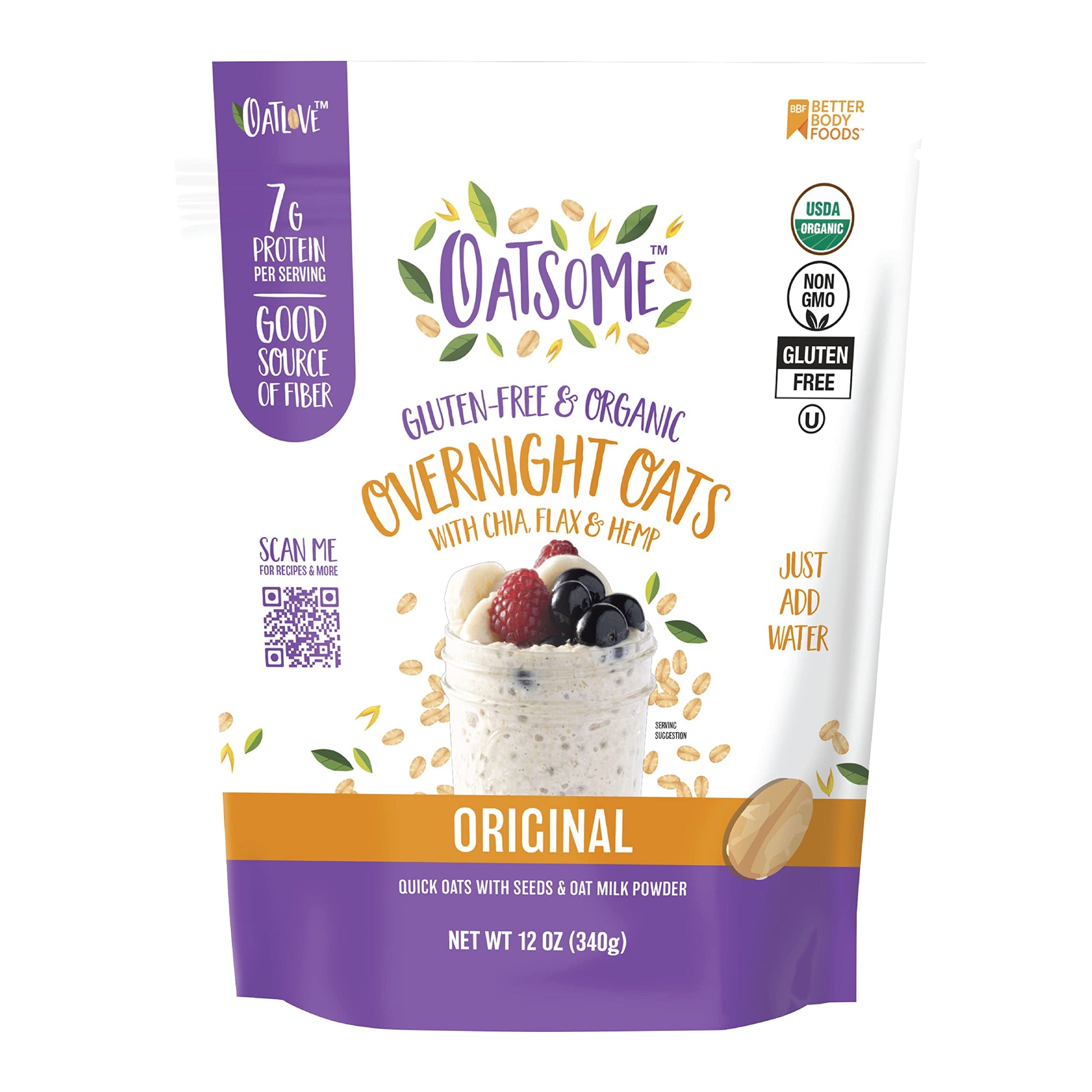 Oatsome Organic Overnight Oats with Chia, Flax, & Hemp, Gluten-Free Oatmeal with 7g of Protein, 12oz Bag