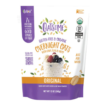 Oatsome Organic Overnight Oats with Chia, Flax, & Hemp, Gluten-Free Oatmeal with 7g of Protein, 12oz Bag