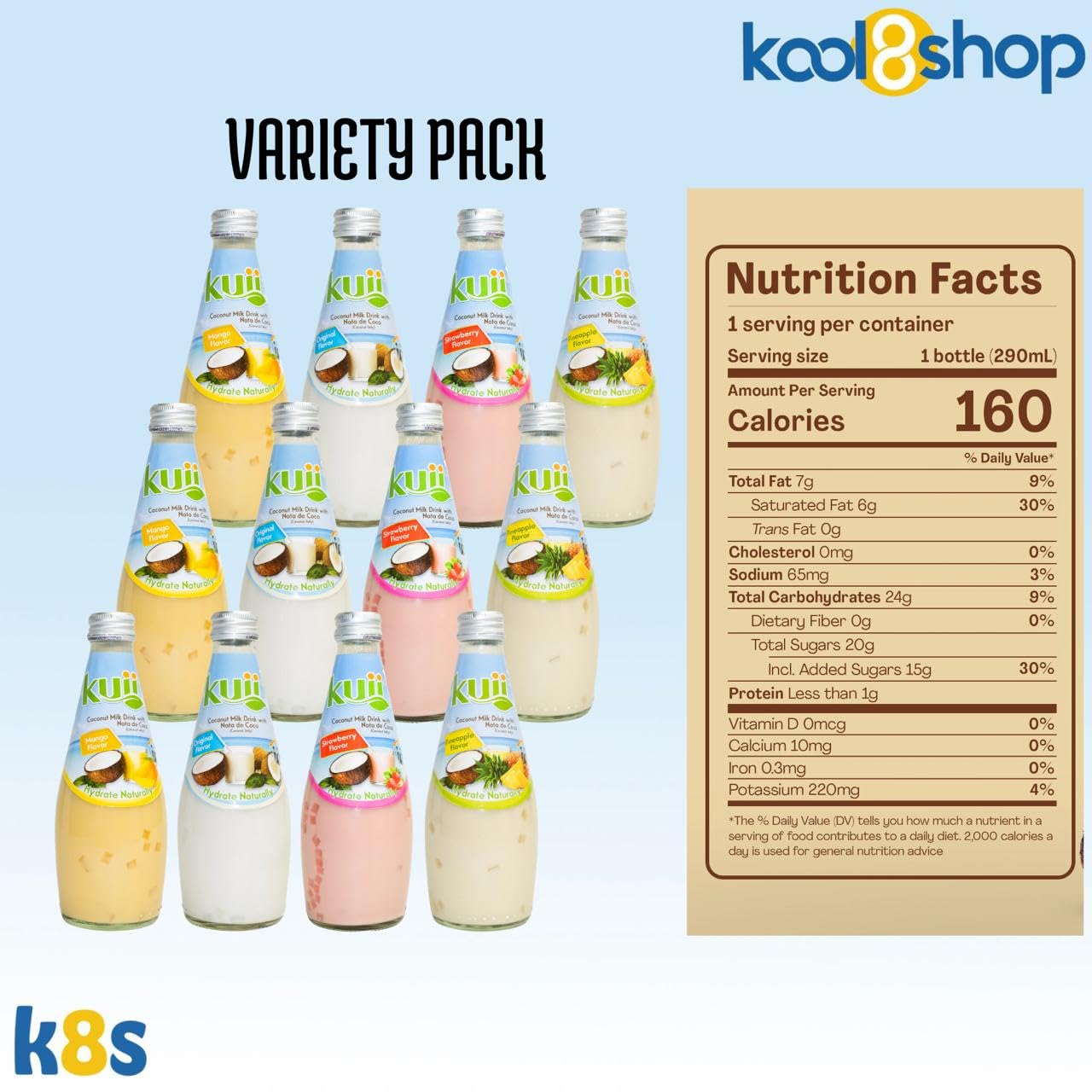 Kuii Variety Pack Coconut Milk Drink 9.8 fl oz Glass Bottle 12 Pack + 15 Sugarcane Disposable Straws by Kool8shop Infinite Deals
