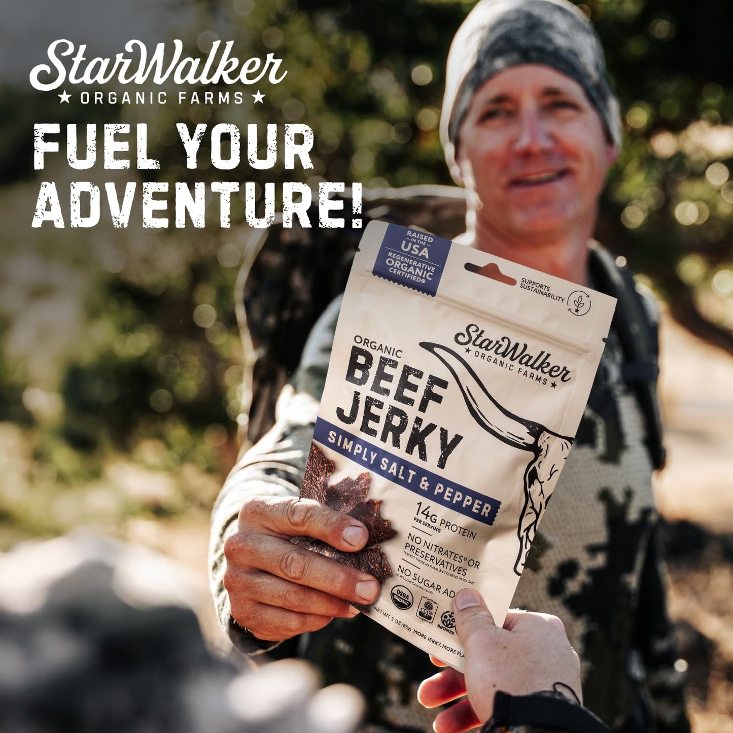 StarWalker Organic Farms Simply Salt and Pepper Beef Jerky - Organic, Regenerative Organic Certified, 42g Protein, No Nitrates,