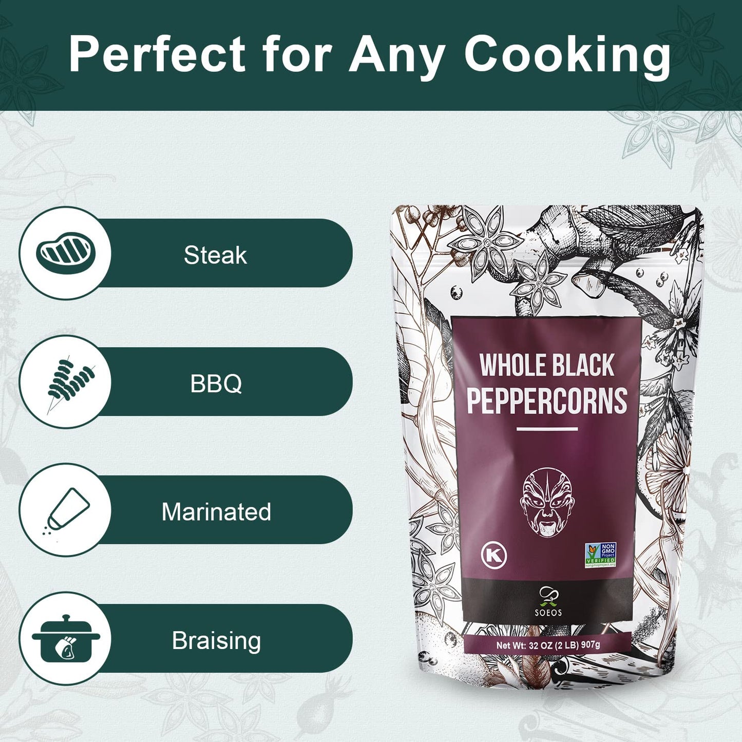 Soeos Black Peppercorns, 32Oz (Pack Of 1), Non-Gmo, Kosher, Packed To Keep Peppers Fresh, Peppercorn For Grinder Refill, Whole Peppercorns