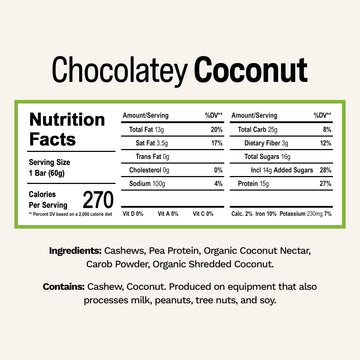 Rise Pea Protein Bar - Chocolately Coconut | Breakfast Bar & Protein Snack 15g Protein Just 5 Whole Food Ingredients Non-GMO Glu