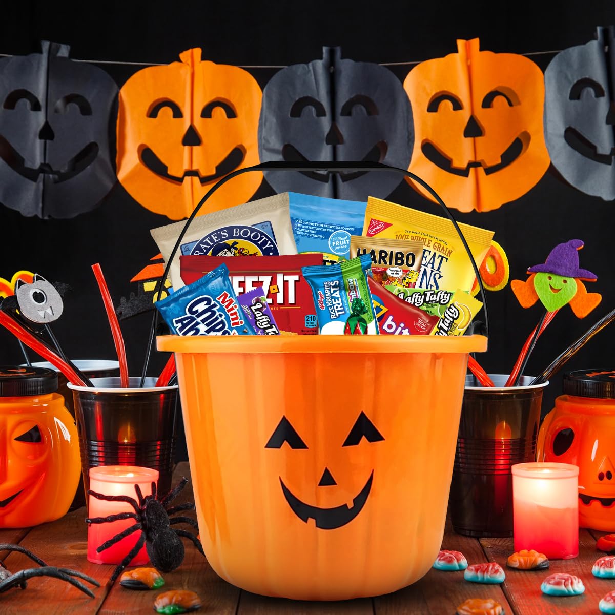 Halloween Basket Gift Care Package - 45 Count Snack Bucket Filled with Assorted Candy Chocolates & for Trick-or-Treat Classroom Parties Office Events & Family Fun