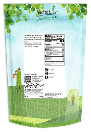 Food to Live Jasmine Brown Rice, 1.5 Pounds - Whole-Grain and Long-Grain Thai Rice, Vegan, Kosher, Bulk. Higher in Fiber than Wh