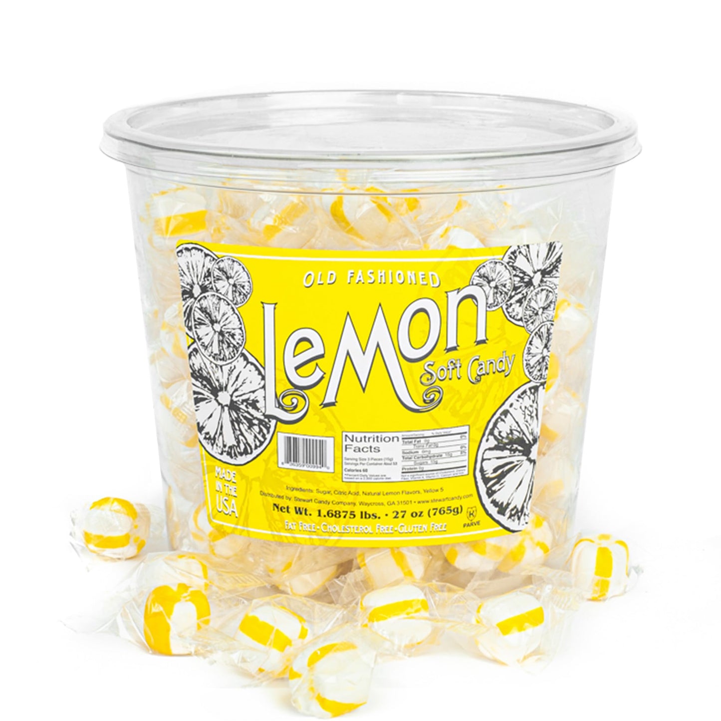 Stewart Old Fashioned Lemon Candy Puffs | Individually Wrapped Candy | Pure Cane Sugar Candy | Fat-Free, Cholesterol-Free, Gluten-Free | Classic Soft/Hard Texture, Made In Usa - 27 Oz Tub