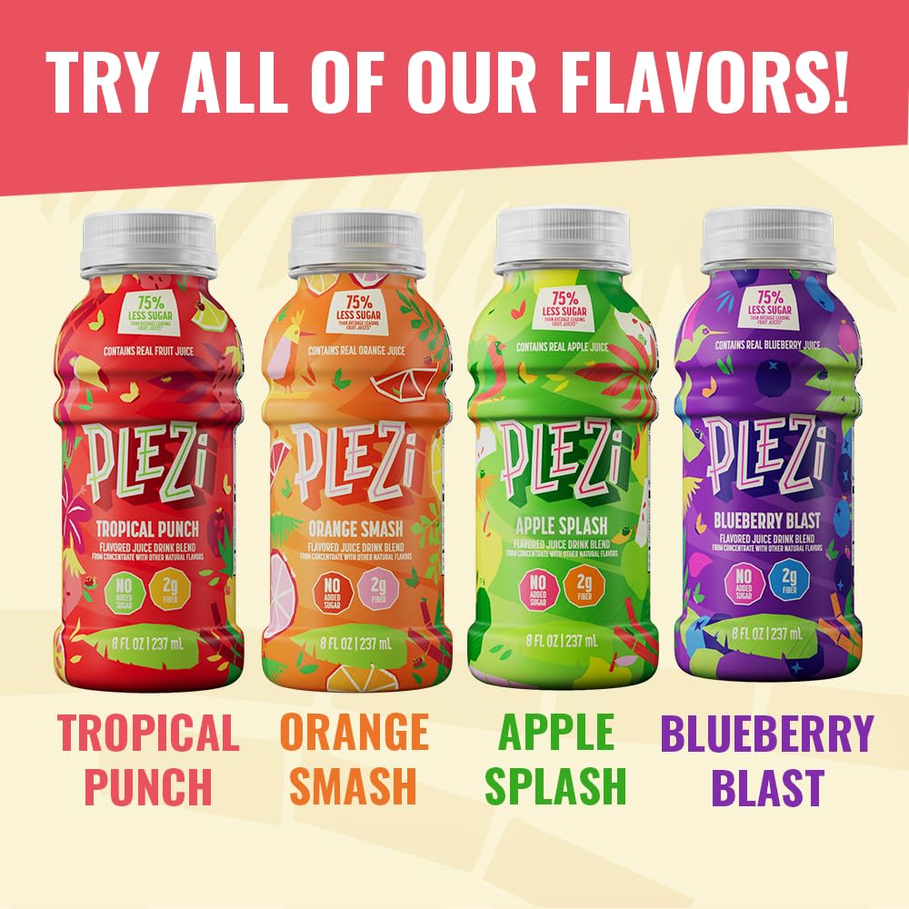 Plezi Flavored Kids Juice Drink - Apple Splash Fruit Juice Drink Blend - No Added Sugar, 2G Fiber - Tasty Refreshing Juices For