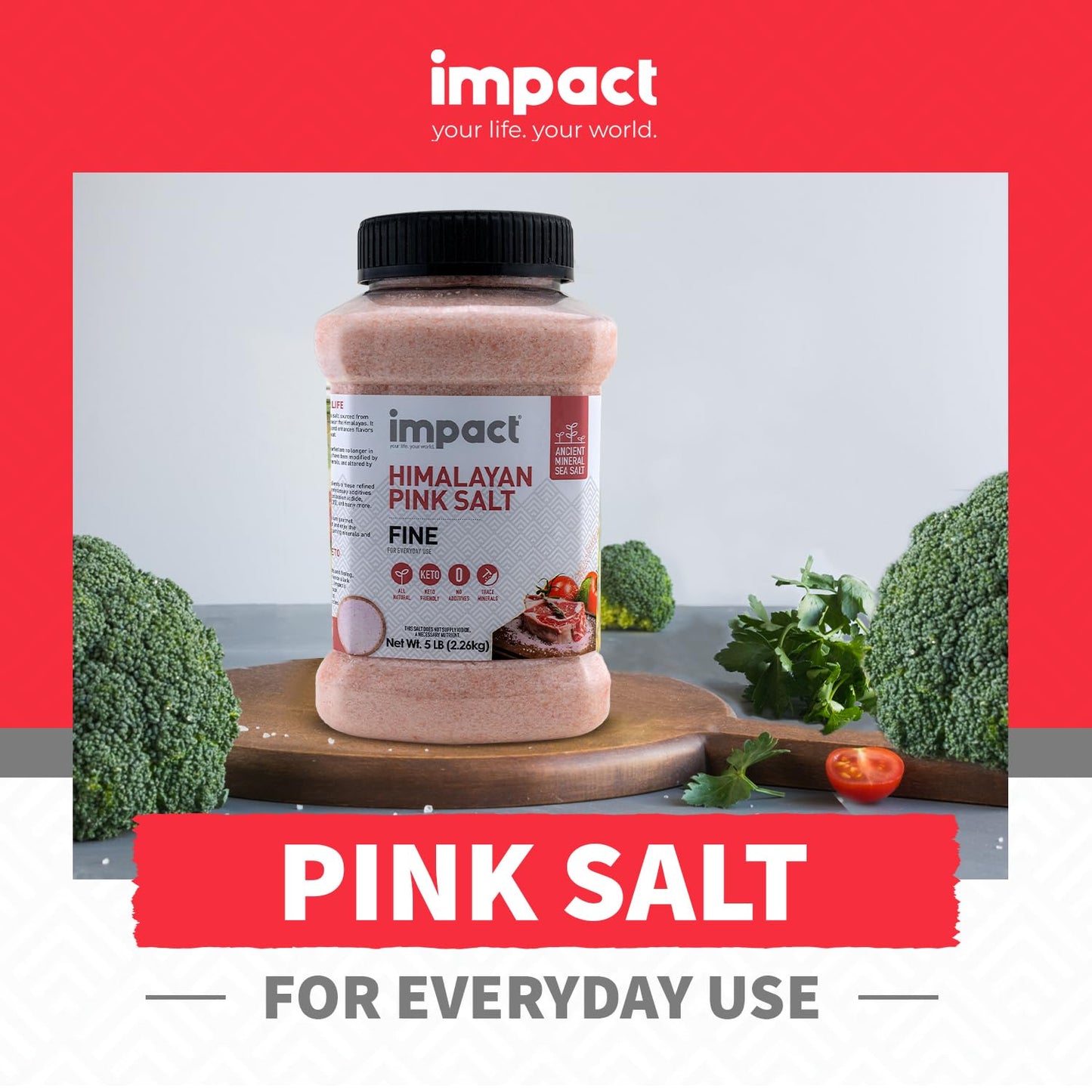 Impact Himalayan Pink Sea Salt - No Additives, Non-GMO, Gluten-Free - 5lb Jar (80 Ounce)