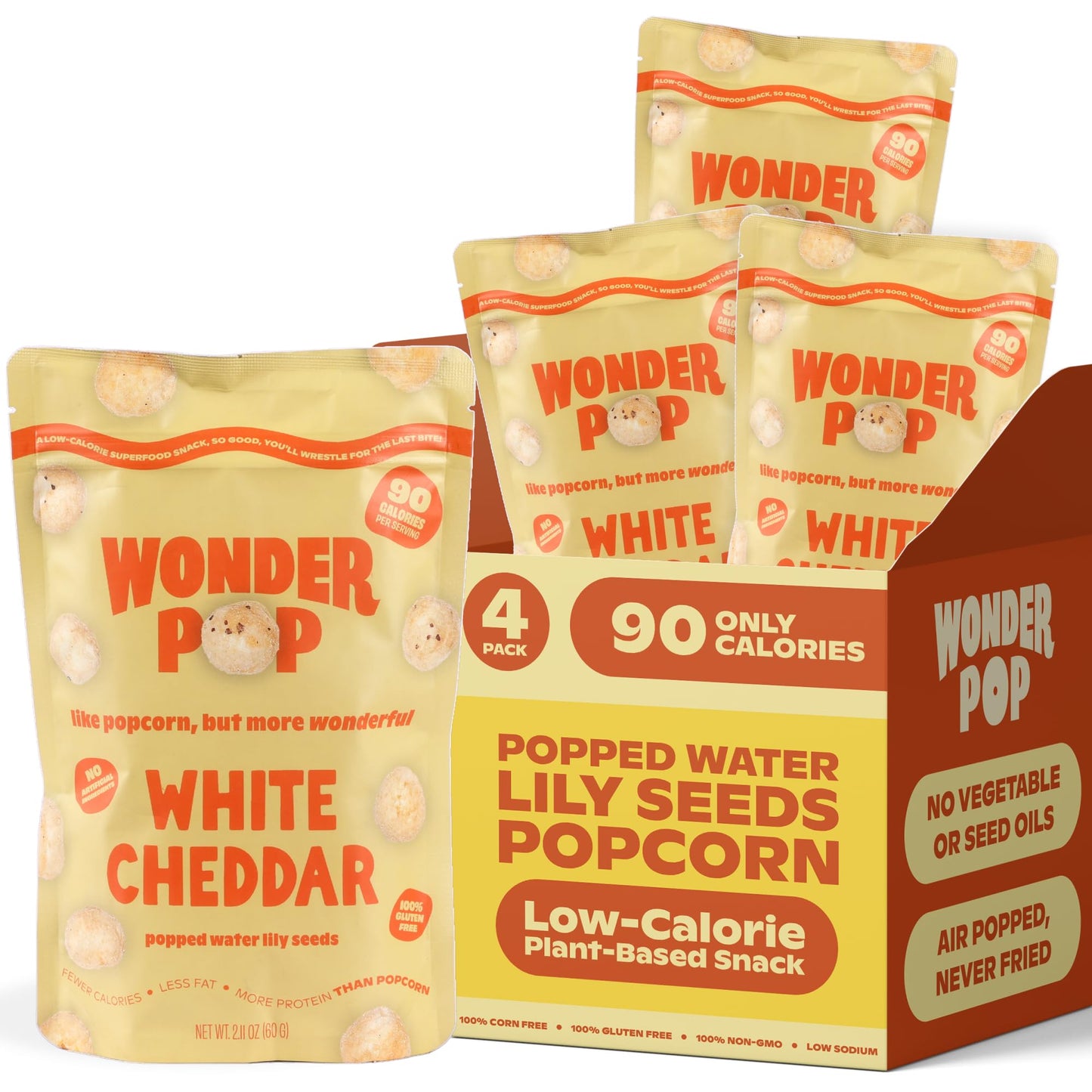 WonderPop White Cheddar - Popped Water Lily Seeds (4-Pack) | Savory, 6g Protein, 90 Calorie, Gluten-Free, Non-GMO | High-Protein