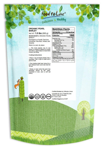 Food to Live Organic Pearl Barley, Non-GMO, Vegan, 1.5 Pounds