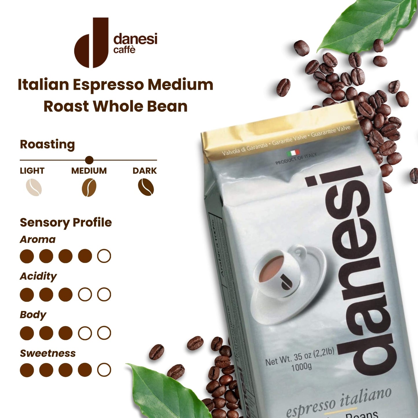D DANESI CAFFÈ Espresso Coffee Beans - Medium Roast Whole Bean - 13.2lb (Pack of 6)