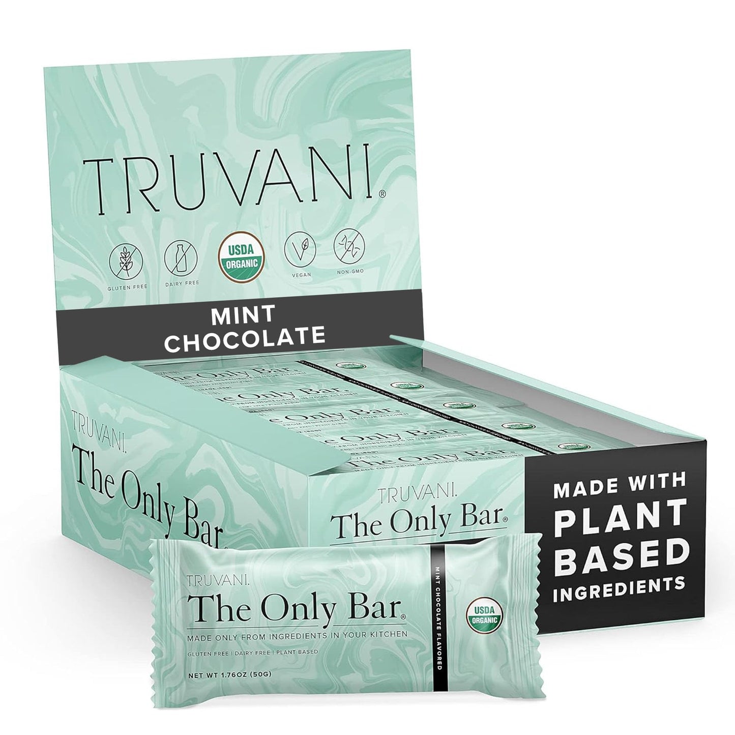 Truvani Plant Based Snack Bar | Chocolate Mint 12 Pack | 7G Protein | Usda Organic And Vegan | The Only Bar | Dairy, Soy, And Gl