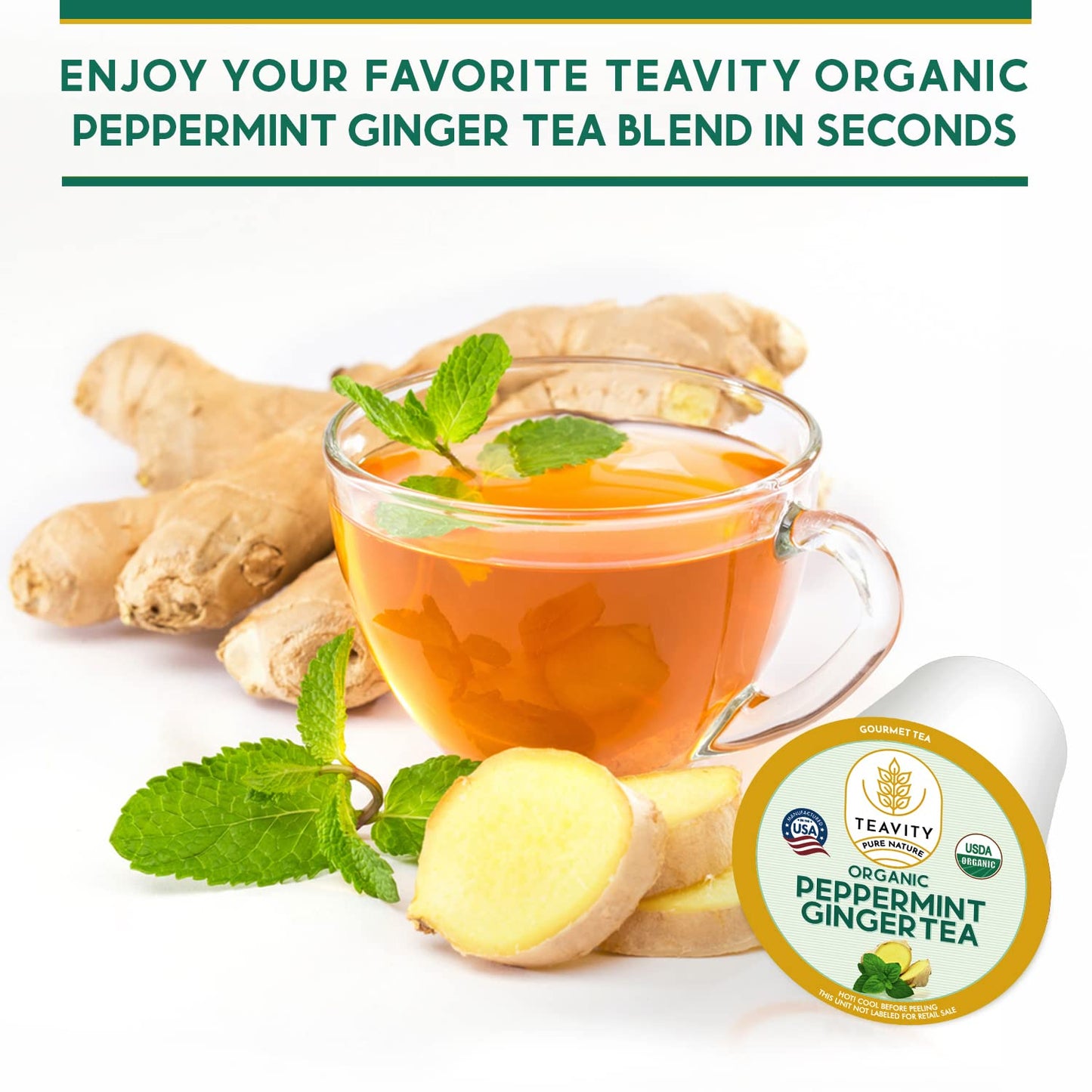 Teavity Organic Peppermint Ginger Tea Pods For Keurig - Decaf, 24 Count
