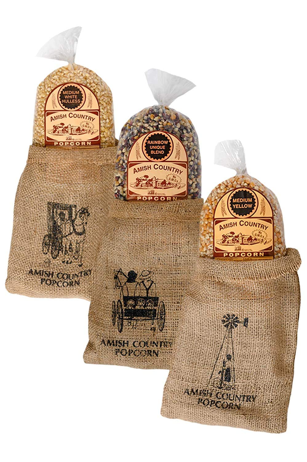 Amish Country Popcorn | 3-2 lb Bags | 6 lb Burlap Variety Set | Medium White - Medium Yellow - Rainbow Popcorn Kernels | Old Fas