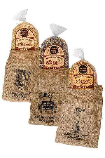Amish Country Popcorn | 3-2 lb Bags | 6 lb Burlap Variety Set | Medium White - Medium Yellow - Rainbow Popcorn Kernels | Old Fas