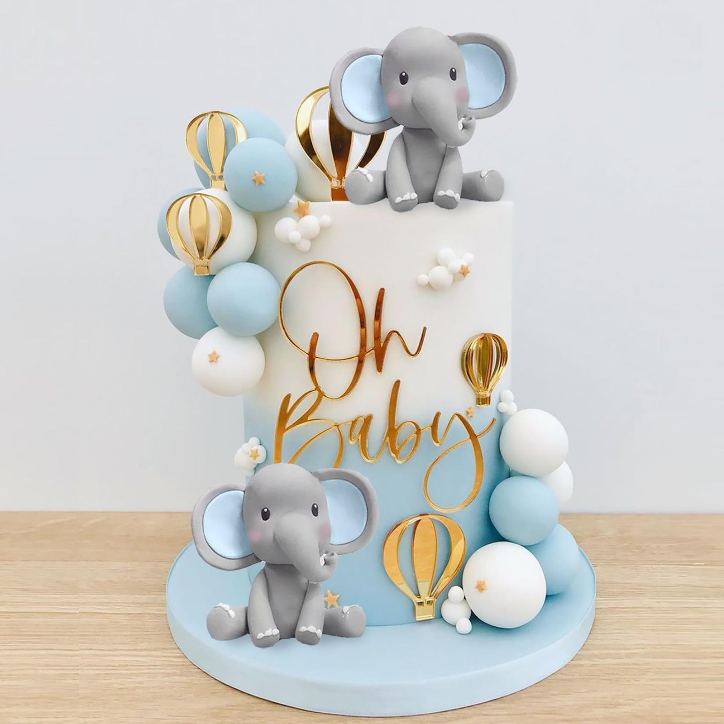 Elephant Cake Decoration With Mini Elephant Oh Baby Cake Topper Blue White Pearl Balls Hot Air Balloon For Baby Shower Boy Elephant Theme Birthday Party Supplies (Blue)