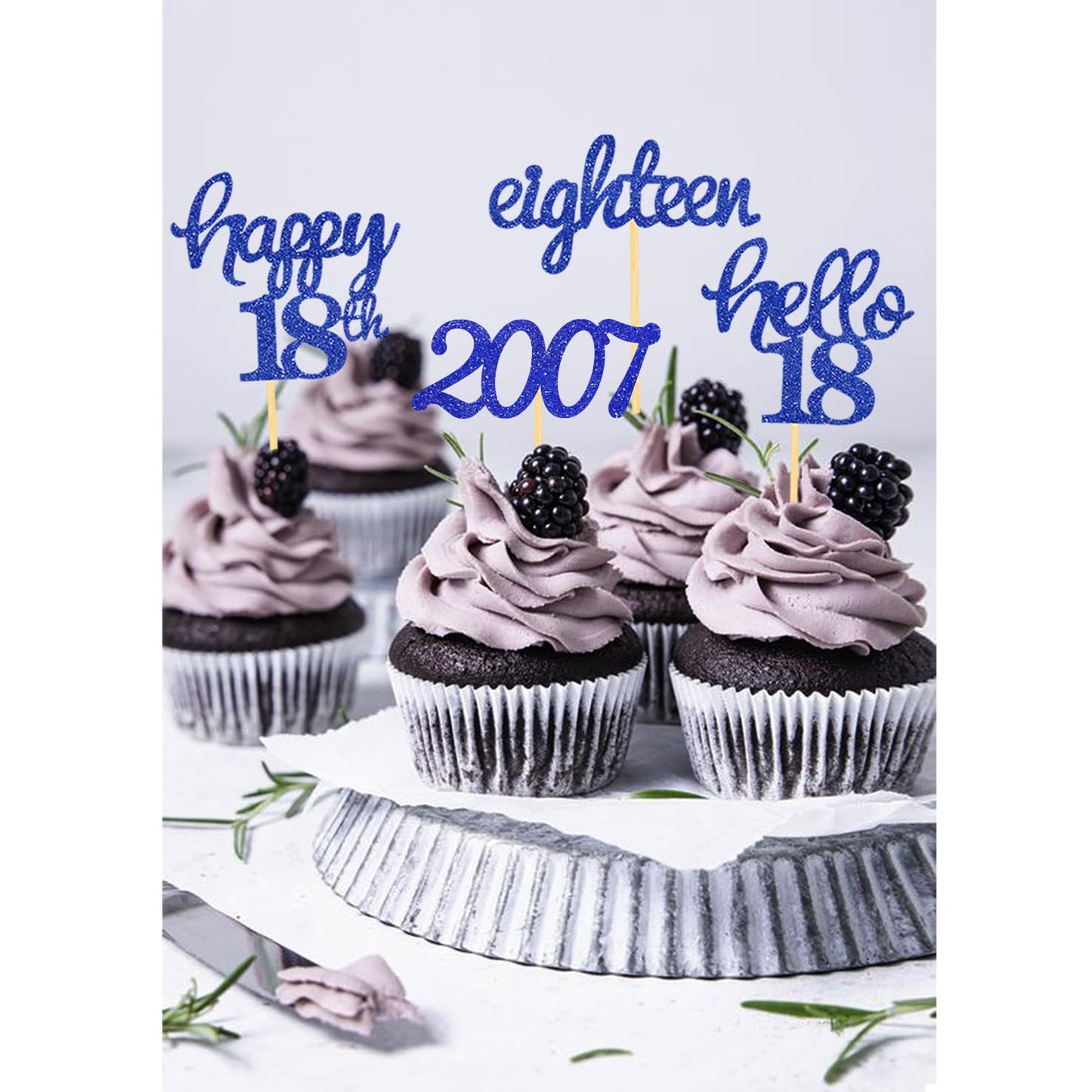 Moitkptt 24 Pcs Glitter Cupcake Toppers for 18th Birthday Party Decorations, Blue, Paper, Model BIR18
