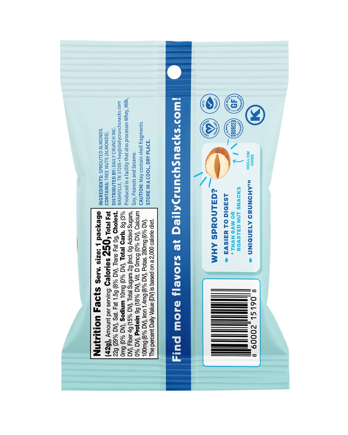 Daily Crunch Sprouted Almonds, 1.5 Ounce Mini, On-The-Go Bags (Original Sprouted, 8 Pack) Sprouted And Dehydrated For A Unique C