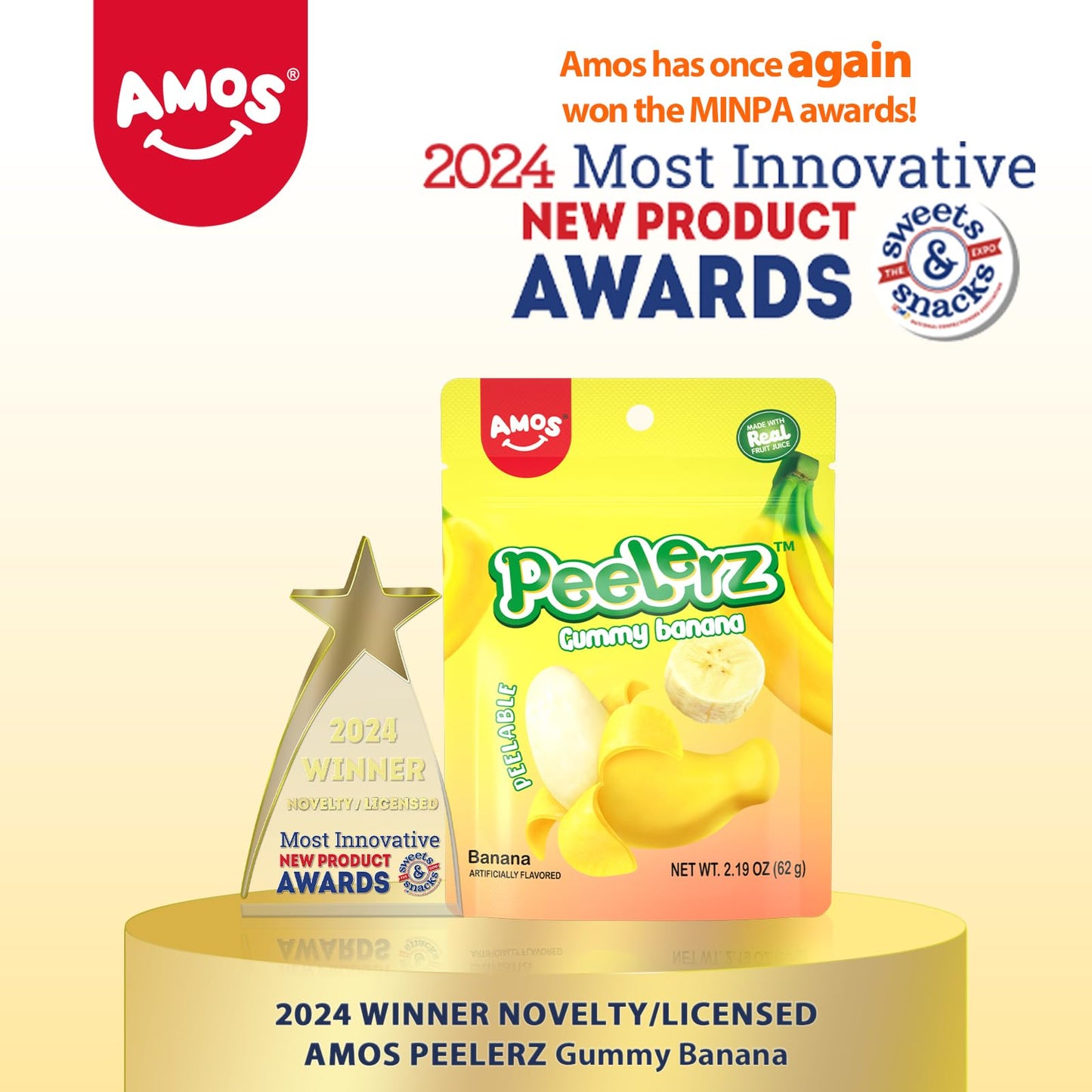 Amos Peelerz Gummy Variety Pack - 5 Individual Packs Peelable Candy With 2 Mango, 1 Grape, 1 Orange & 1 Banana