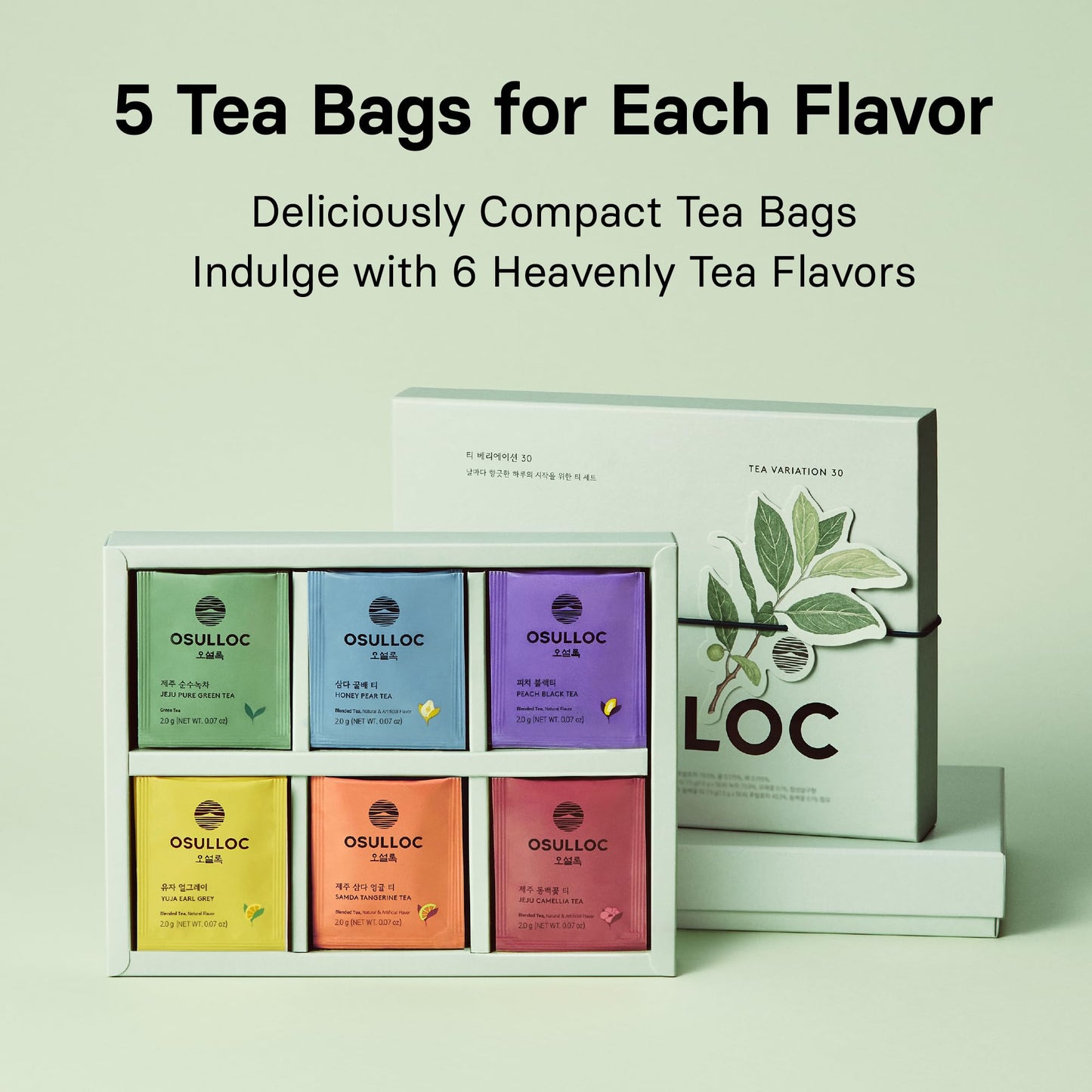 Osulloc Tea Variation 30 (30 Count, 6 Flavors X 5 Ea), Assorted Tea Bag Sampler, Daily & Light Specialty Gift Box, Pure & Blende