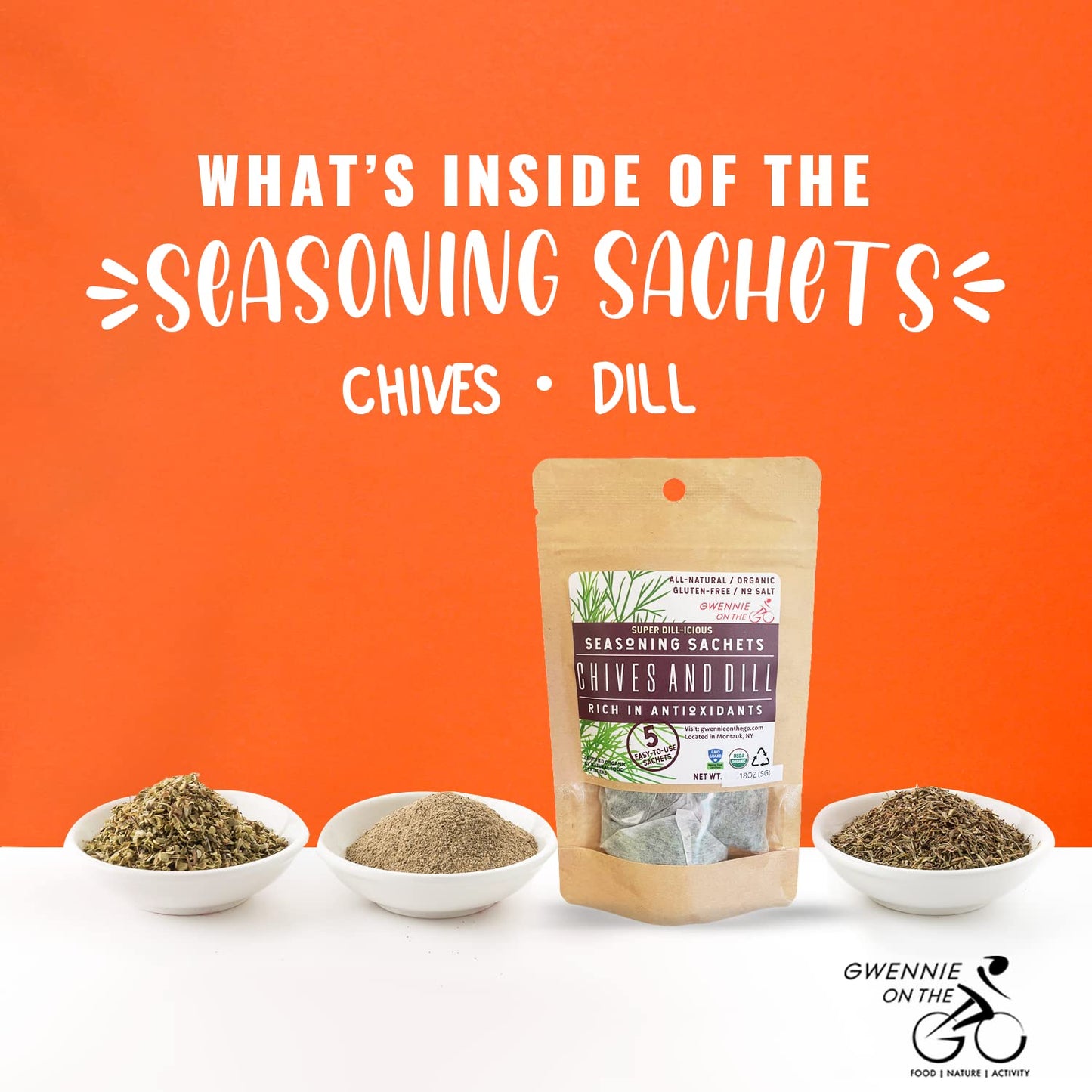 GWENNIE ON THE GO Seasoning Sachets, Chives and Dill, Certified Organic, Gluten-Free, 10 Count (Pack of 2), 2oz Resealable Pouch