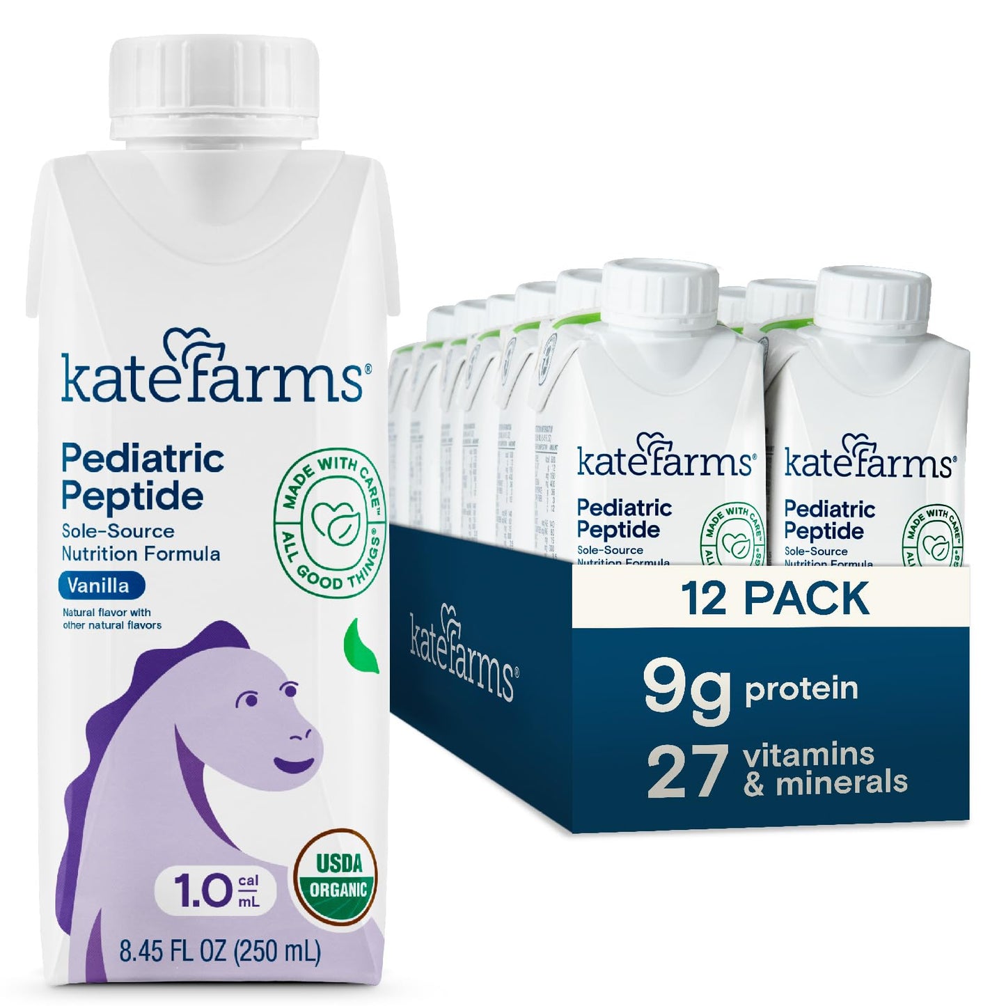 Kate Farms Organic Pediatric Peptide Formula, Vanilla, 8.45 oz (Pack of 12), Hydrolyzed Plant-Based Nutrition