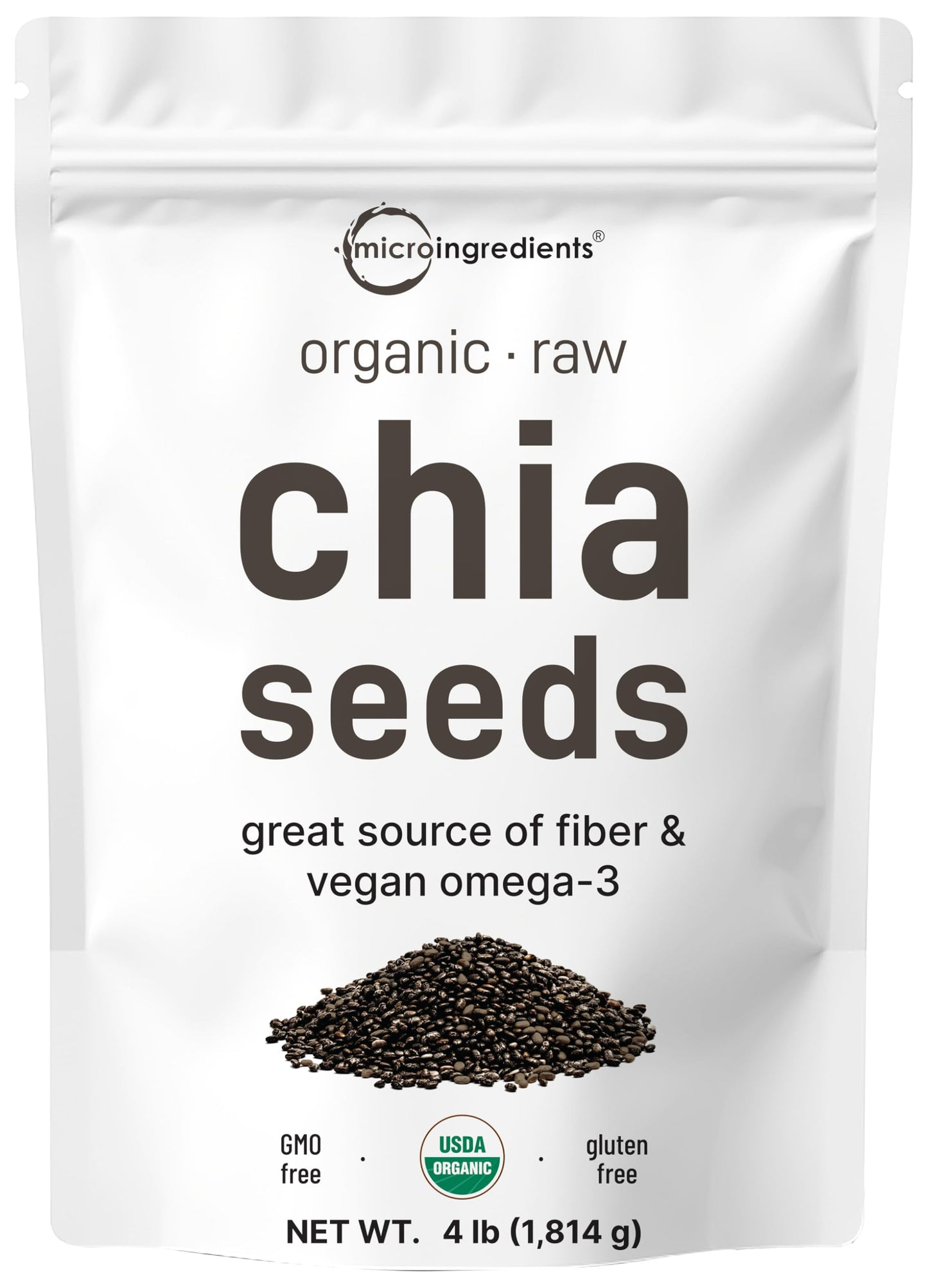 Organic Chia Seeds 4lbs | Raw Chia Seed Source | Rich in Essential Fiber Vegan Omega-3 & Plant Based Protein | Great for Baking Smoothies Pudding & Oatmeal | Non-GMO Gluten Free