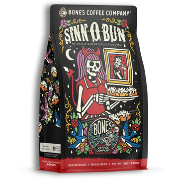 Bones Coffee Company Cinnamon Roll Flavored Coffee, Medium Roast Low Acid Arabica Beans Compatible with Auto drip and French Pre