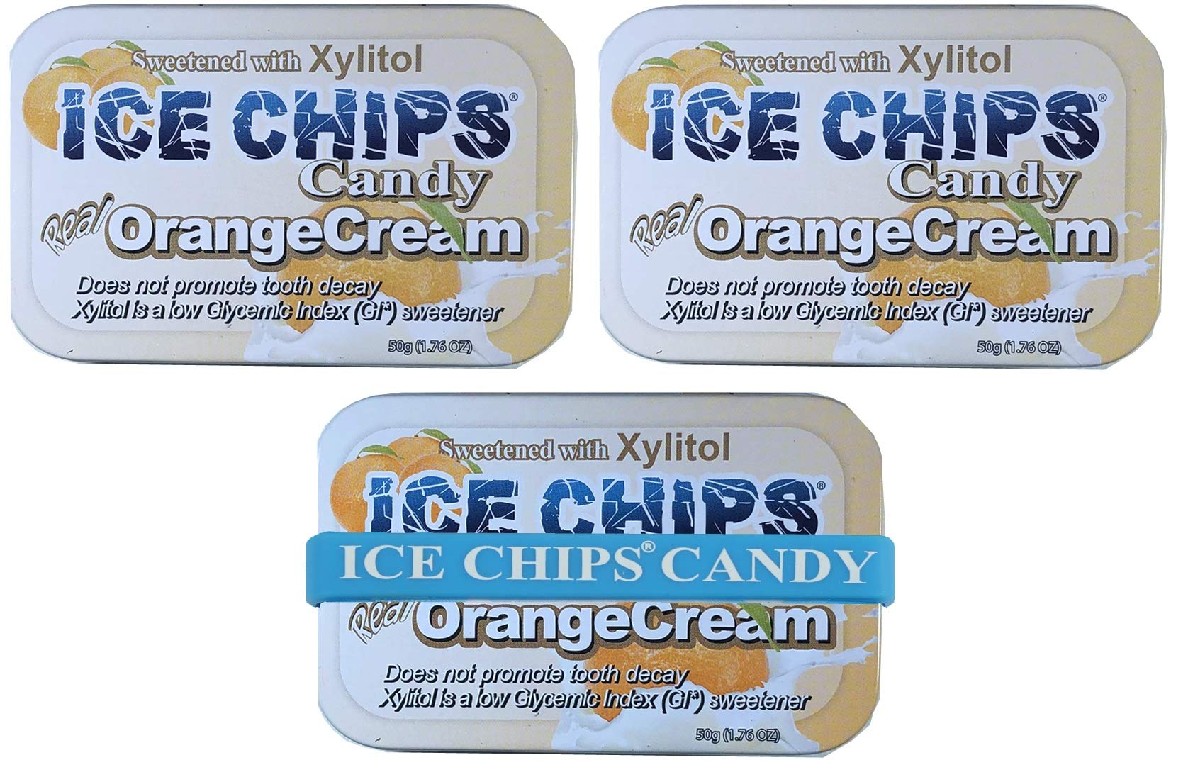 Ice Chips Xylitol Candy Tins (Orange Cream, 3 Pack) - Includes Band As Shown