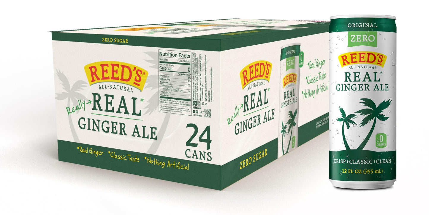 Reeds Zero Sugar Ginger Ale - Organic Ginger - 12oz Slim Cans, 24 Pack