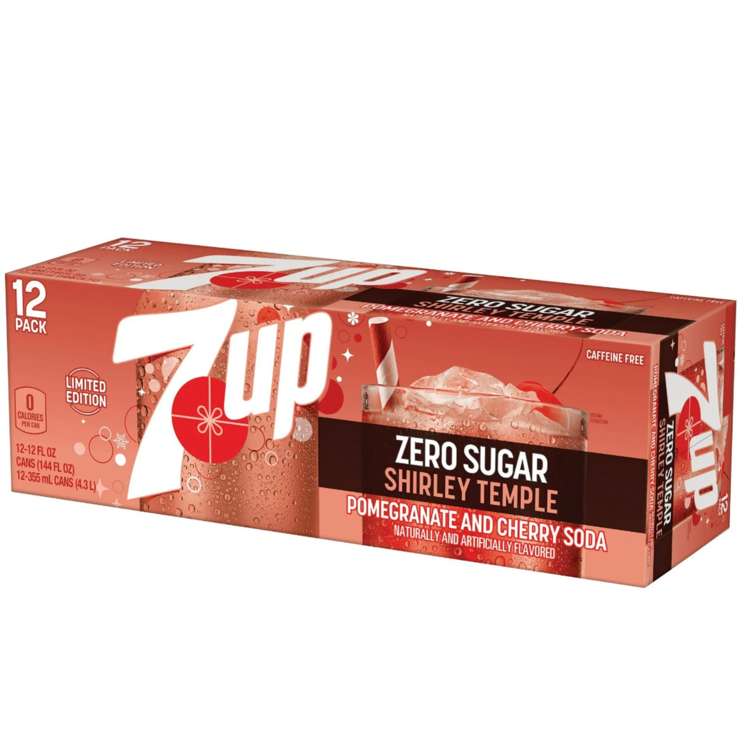 7UP Zero Sugar Shirley Temple Soda, Pomegranate and Cherry Flavor, 12 Pack of 12 Fl Oz Cans