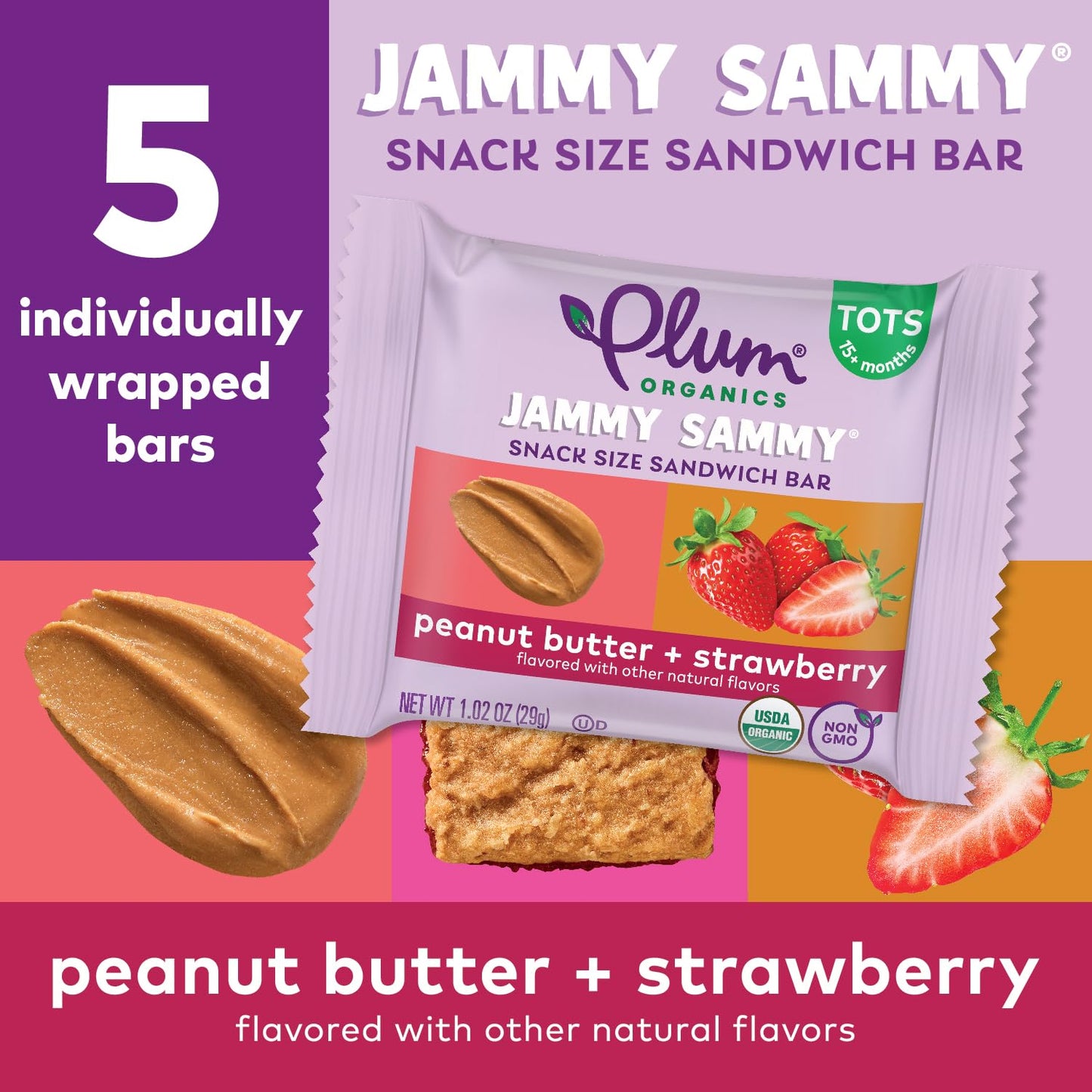 Plum Organics Jammy Sammy Snack Bars - Peanut Butter And Strawberry - 1.02 Oz Bars (Pack Of 30) - Organic Toddler Food Snack Bar