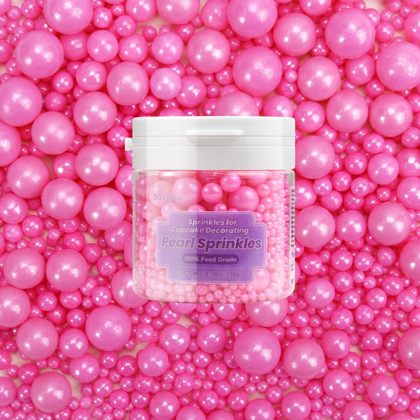 Dazzjoy Edible Hot Pink Pearl Sprinkles, Edible Sugar Candy, 130G/4.58Oz, Pink Ball Pearls For Cake Decorating, Cupcake Toppers