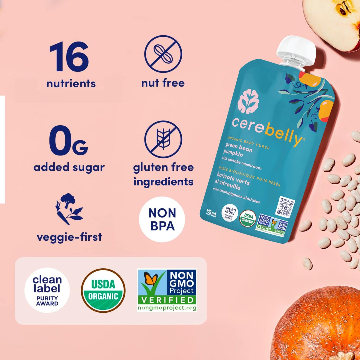 Cerebelly Baby Food Pouches - Organic Veggie Purees Winter Veggie Variety Pack (4 Oz, Pack Of 8) Toddler Snack, 16 Brain-Support