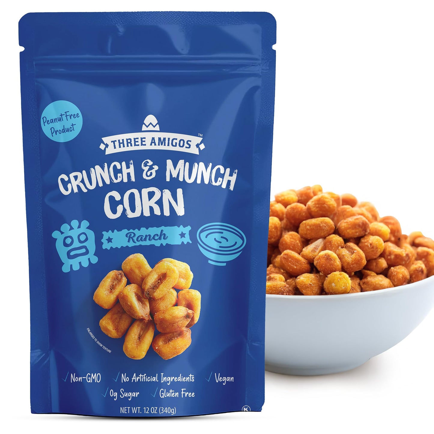 Three Amigos Corn Nuts Ranch Flavor, Crunchy Roasted Corn Snack Made from Toasted Corn Kernels, Vegan Gluten & Peanuts Free Non