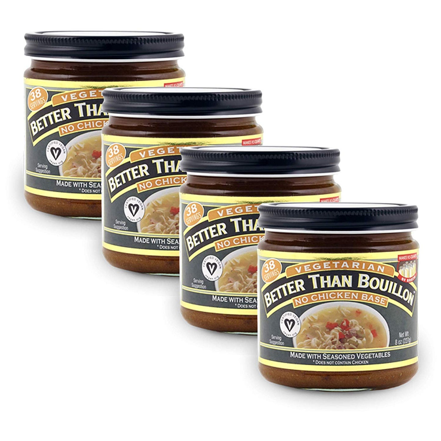 Better Than Bouillon Vegetarian No Chicken Base, 8 OZ Jar, Pack of 4, Certified Vegan, Makes 9.5 Quarts of Broth