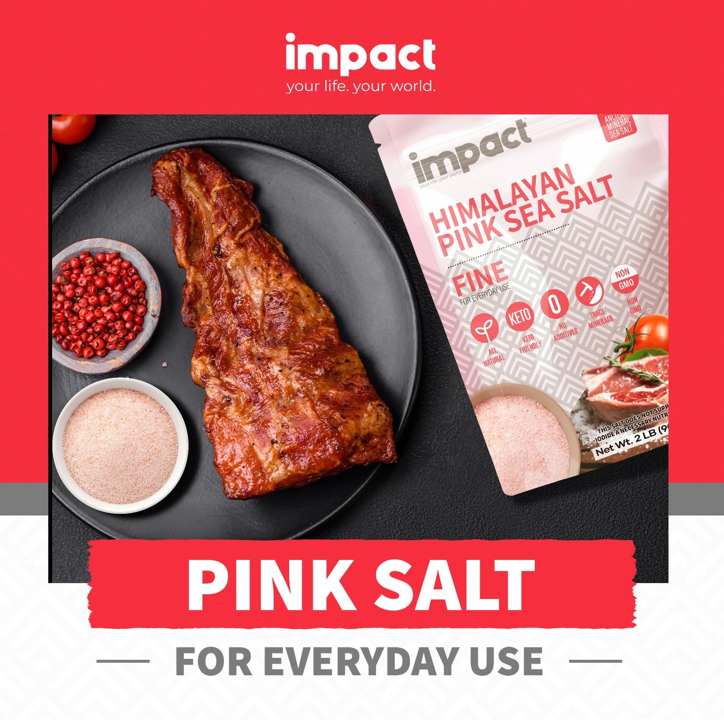 Impact Himalayan Pink Sea Salt Fine 2Lb Pouch - No Additives, Rich In Trace Minerals, Non-Gmo, Gluten-Free. Ideal For Keto, Fast