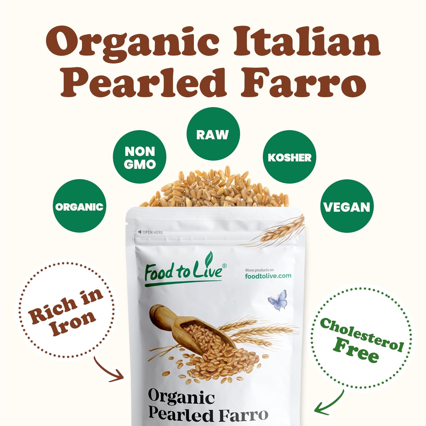 Food To Live Organic Italian Pearled Farro, 8 Pounds - Non-Gmo, Kosher, Vegan, Whole Farro Grain In Bulk. Good Source Of Fiber A