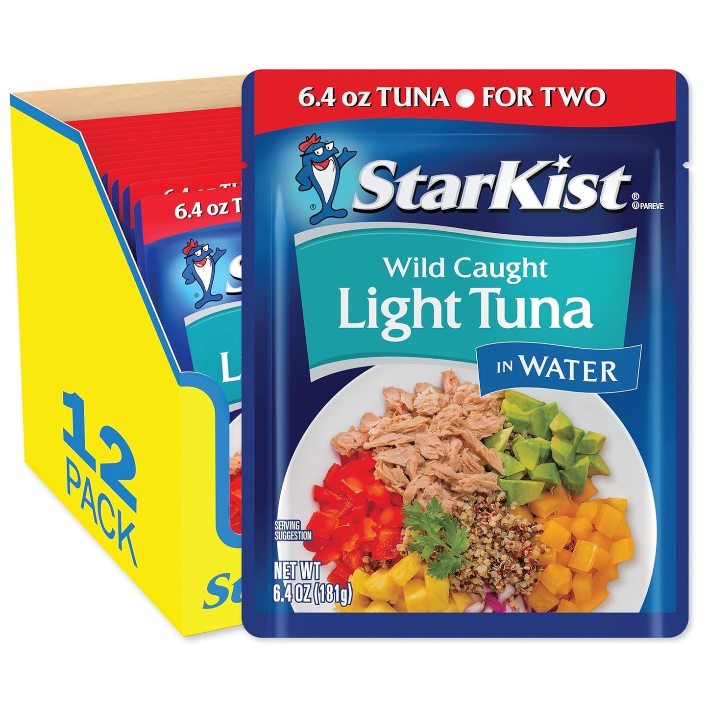 StarKist Chunk Light Tuna in Water, 6.4 oz Pouch (12 Pack) Ready to Eat Wild Caught Tuna, 19g Protein Per Serving, 80 Calories P