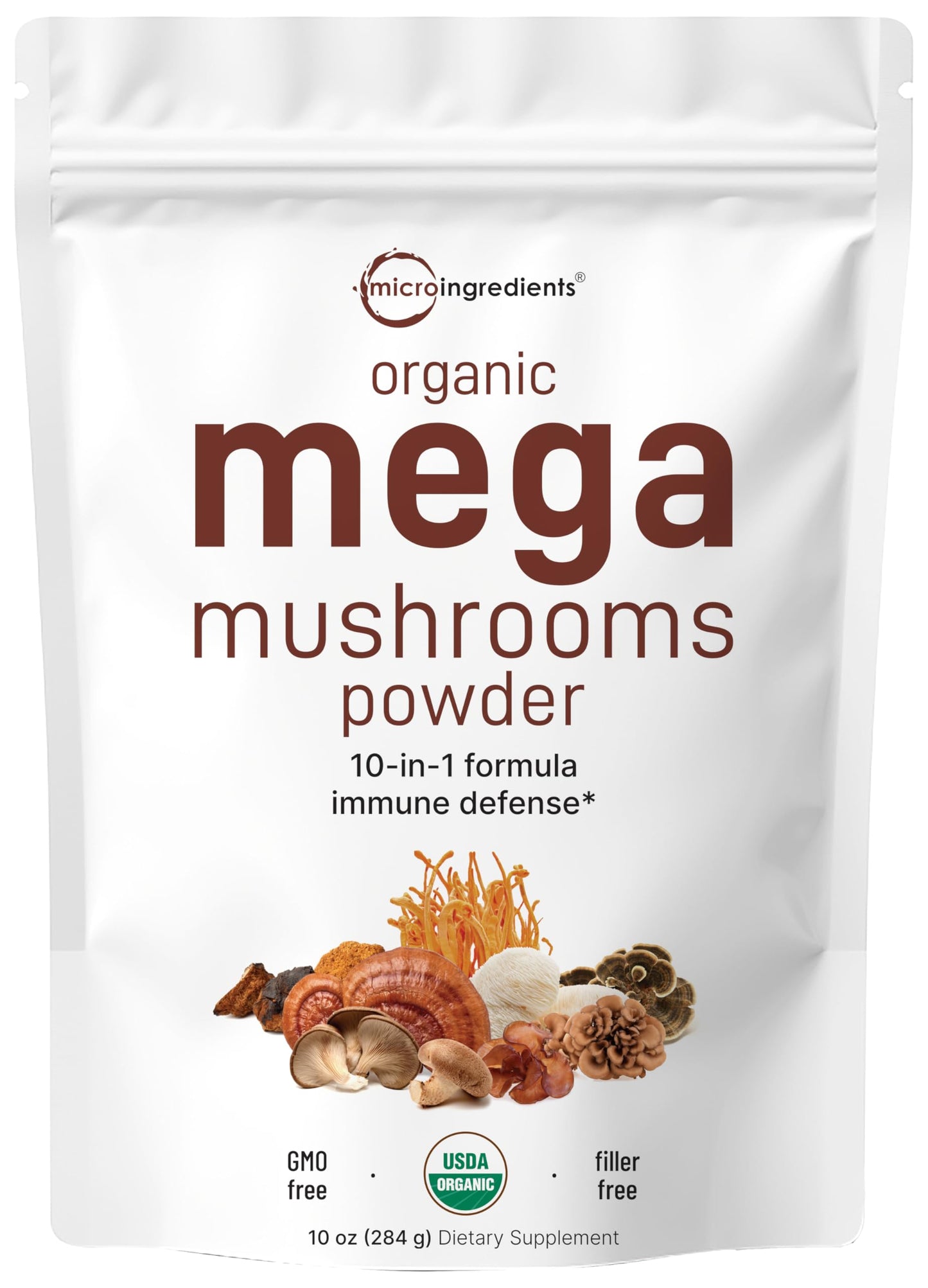 Micro Ingredients Organic Mega Mushroom Powder 10 Ounce (284 Days Supply) | 10 In 1 Complex Formula For Immune System Booster | Chaga Lions Mane Cordyceps Reishi & More | Filler Free Vegan