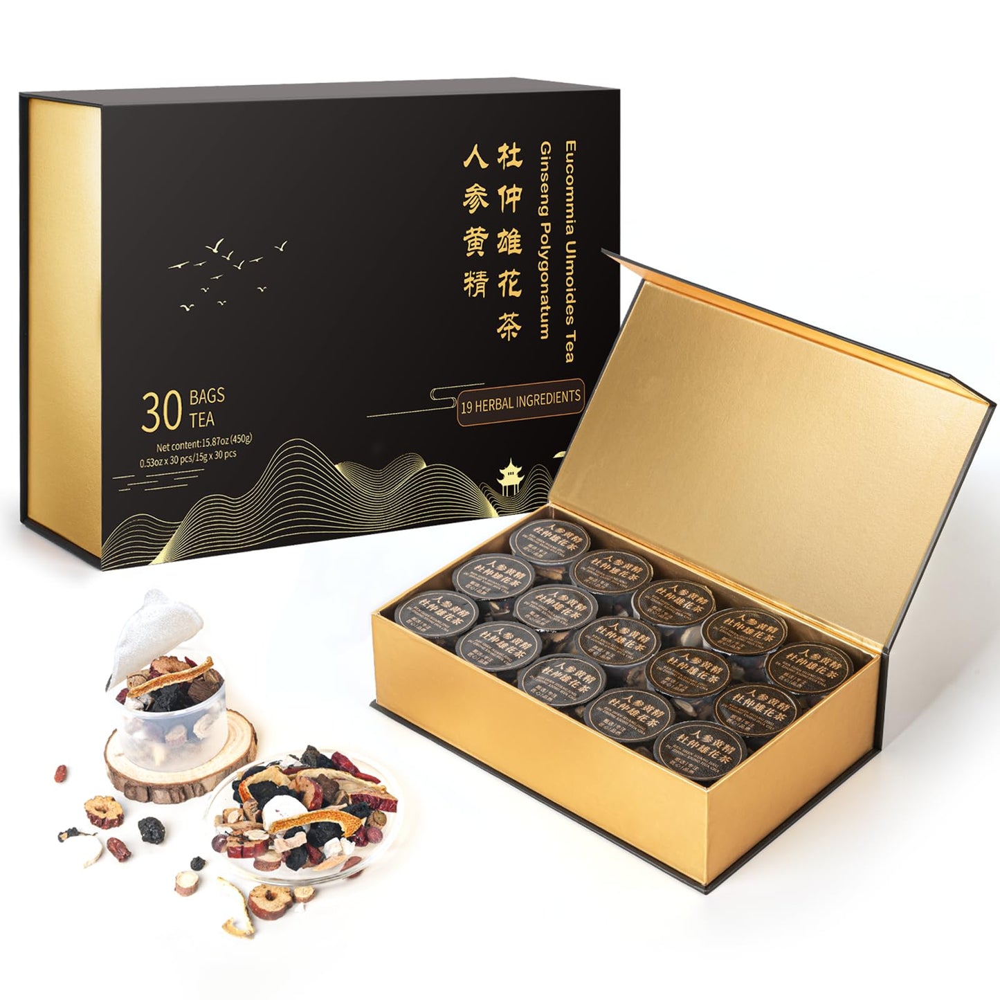 Christmas Tea Gift Set - Flavor Blendseng Polygonatum Eucommia Male Flower Tea Tpartyl Edition Gift Box For Men Women No Additives Energy Blend Free 19 Precious Natural Herbal Ingredients(30 Cans/1 Box)