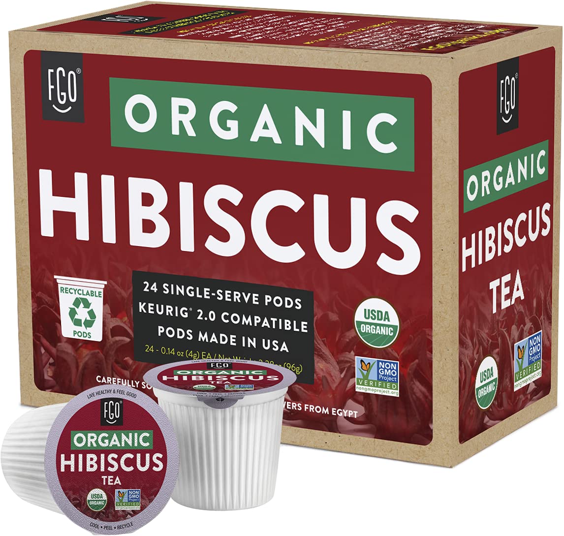 Organic Hibiscus Herbal Tea K-Cup Pods 24 Pods by FGO - Keurig Compatible - Naturally Caffeine-Free Tea enhanced Green Tea is USDA Organic Non-GMO & Recyclable