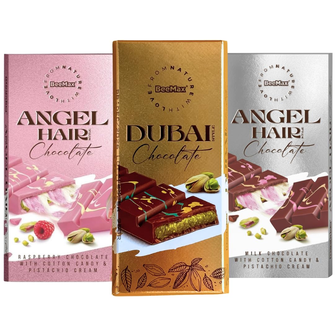 Beemax Angel Hair & Dubai Chocolate Variety Pack (3 Flavors) - Classic Dubai Chocolate Bar 7 Oz Angel Hair Raspberry White Chocolate Bar 6 Oz And Angel Hair Milk Chocolate Bar 6Oz - For Gift Or Special Occasions