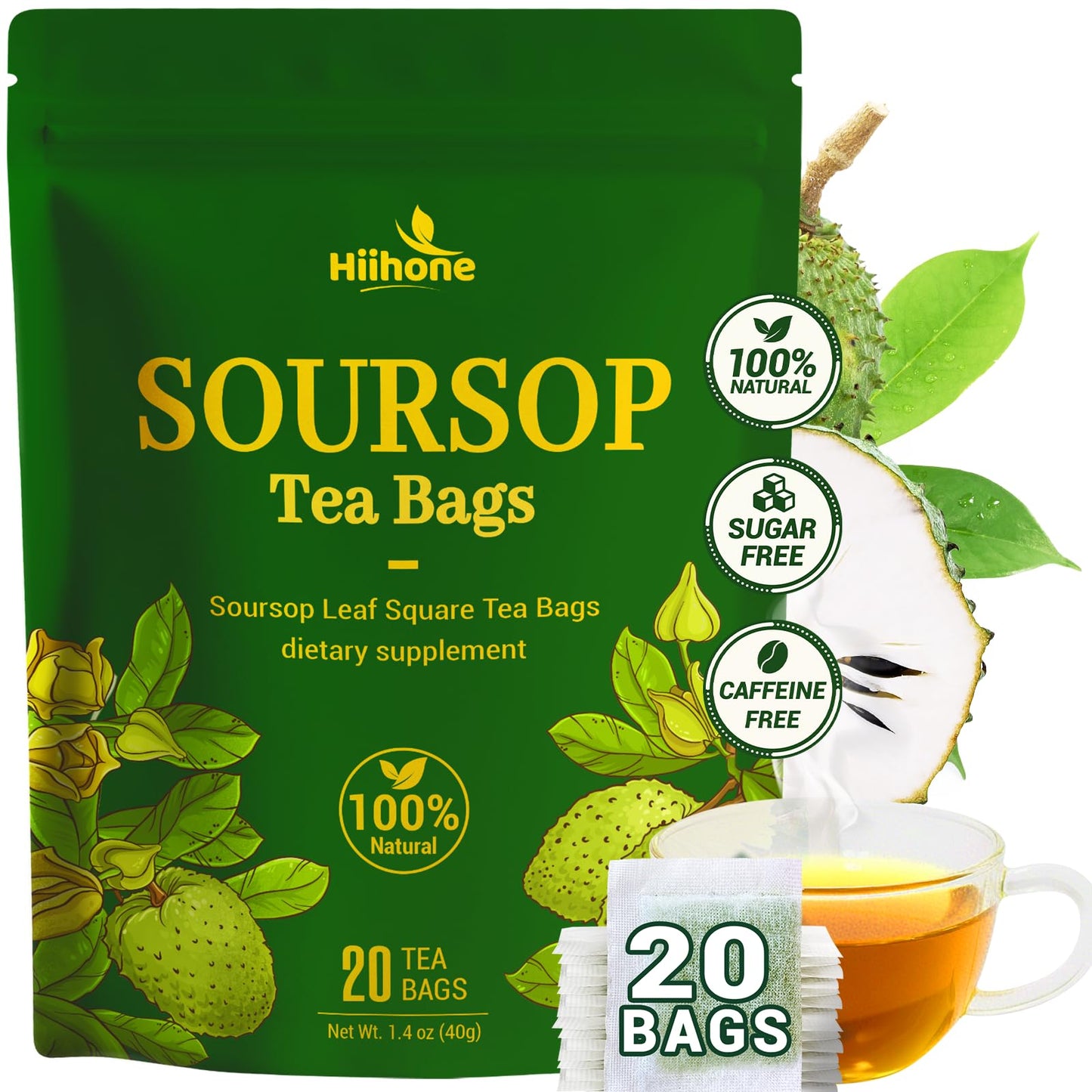 Soursop Graviola Leaf Tea Bags - Energy Blend & Sugar Free 20 Teabags