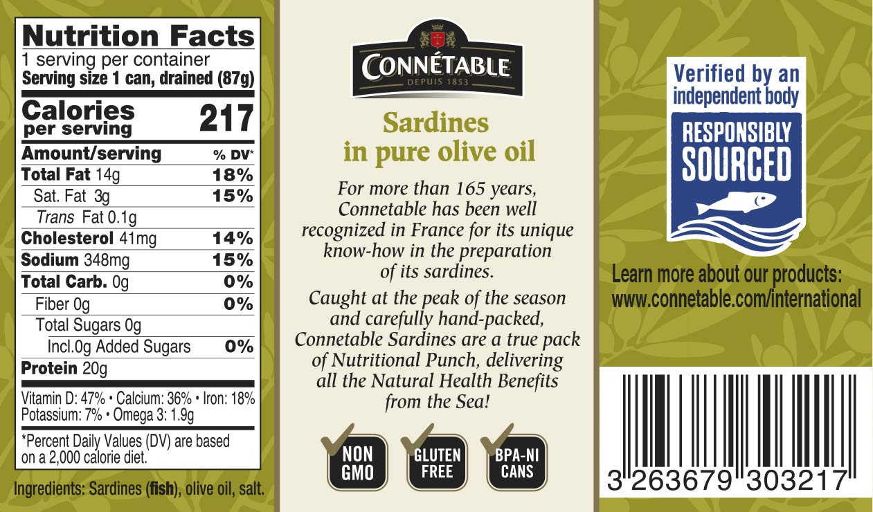 Sardines | Connetable | Sardines in Pure Olive Oil | 4.375 Ounce | Pack of 12