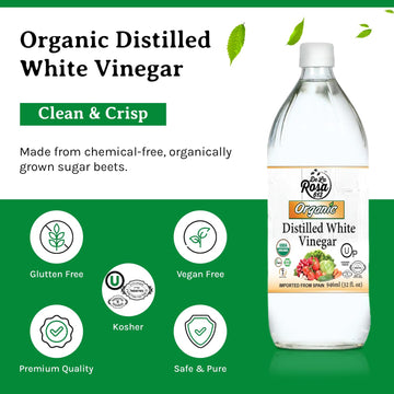 De La Rosa Organic Distilled White Vinegar, Raw & Unfiltered, Kosher For Passover, Vegan & Gluten Free, Great For Salad Dressing